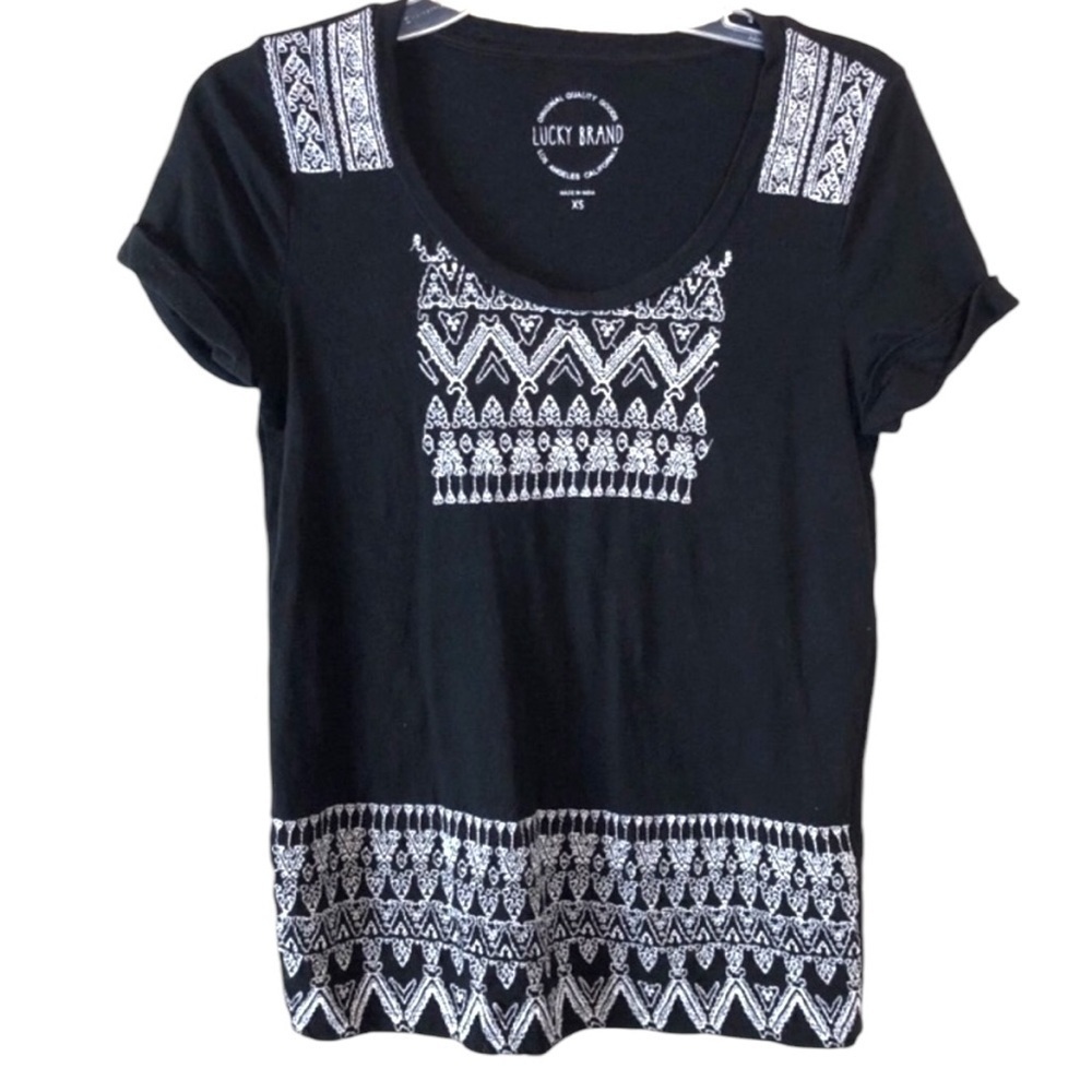 Lucky Brand Black White Embroidery Boho Laid Back Casual T Shirt SZ XS